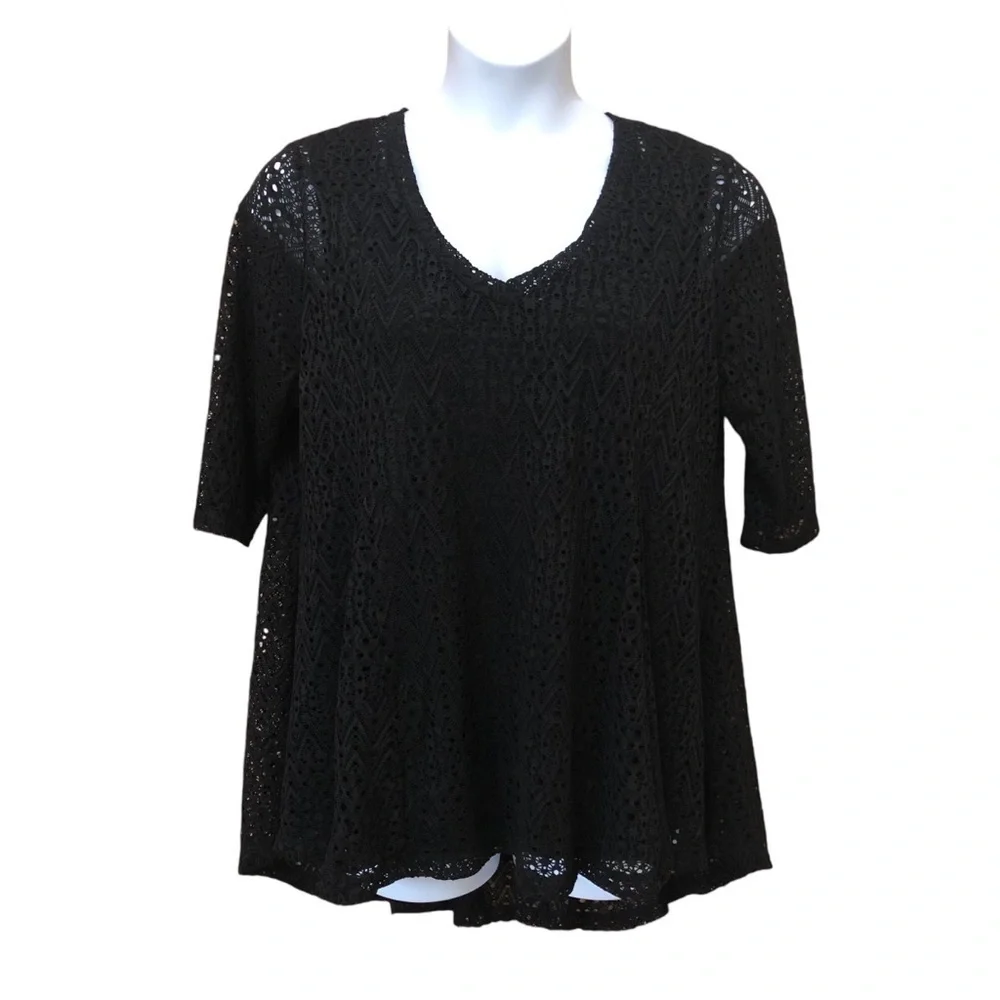 LaVanya Women’s Lace Eyelet Swing Top 1X Black Built-in Tank Top Half Sleeve - Picture 3 of 8